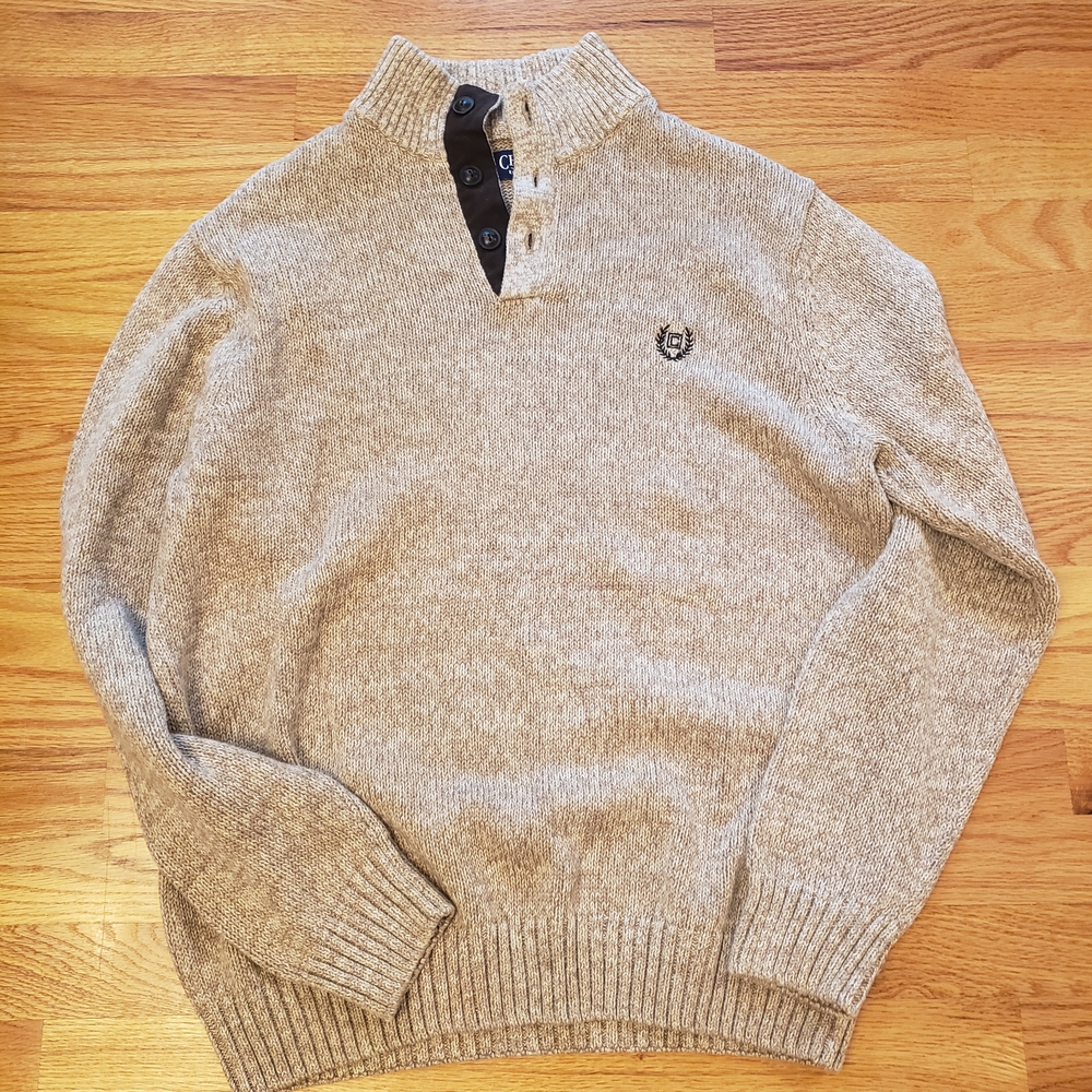 Chaps Men's Tan Crewneck Sweater with Button Collar